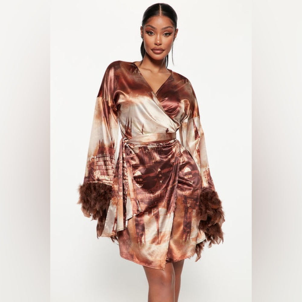 Fashion Nova Satin Wrap Dress with Feather Cuffs